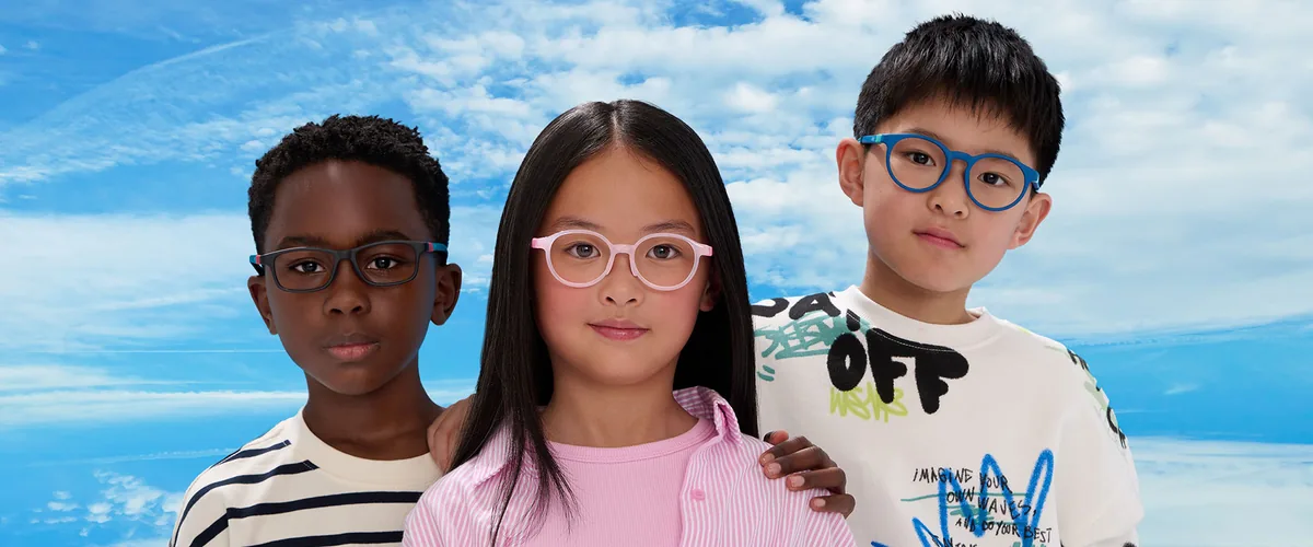 Three children wearing Nano Vista Custom Fit glasses